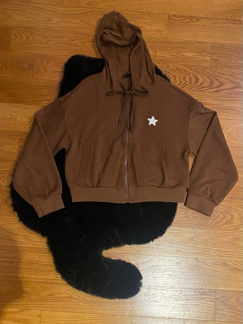 Brown Zip-Up Hooded Jacket with Star Detail
